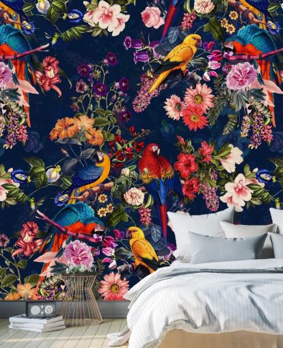 papier peint fleurs et oiseaux tropicaux