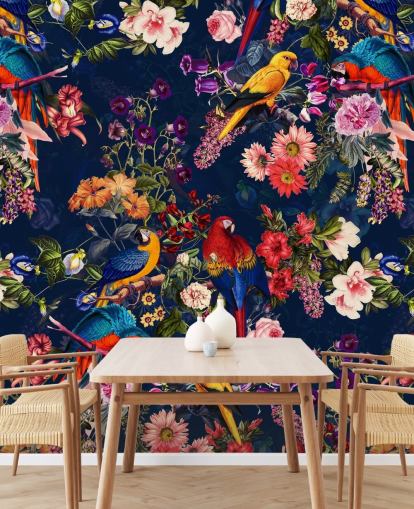 papel de parede de flores e pássaros tropicais