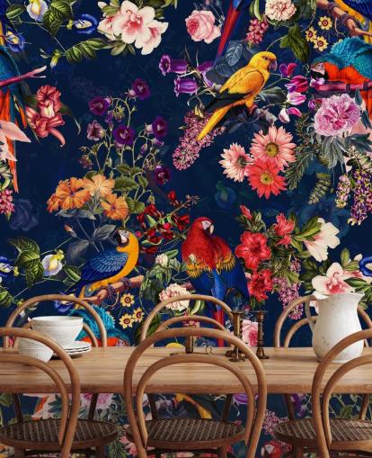 papier peint fleurs et oiseaux tropicaux