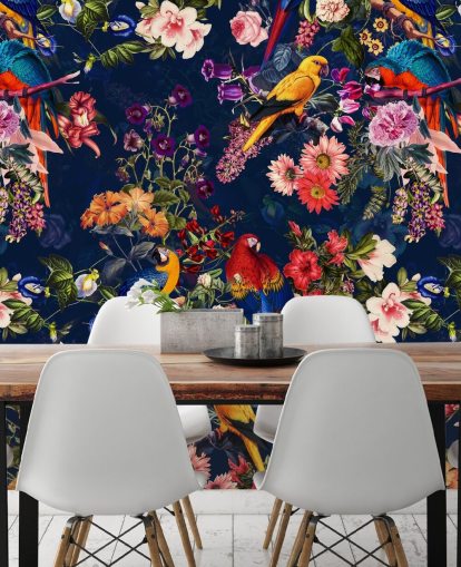 tropische Blumen und Vögel Wallpaper