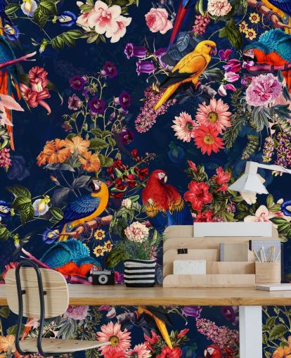 papel pintado de flores y pájaros tropicales