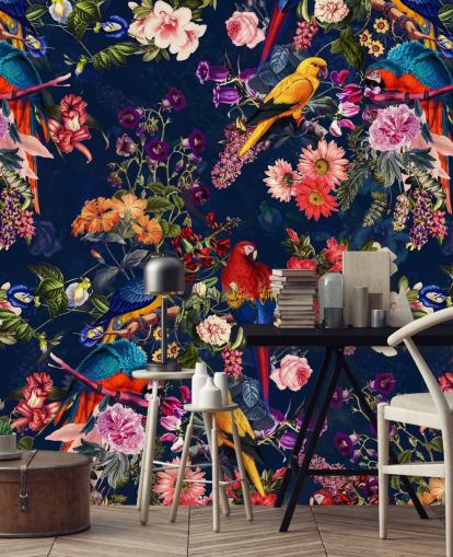 tropical flowers and birds wallpaper