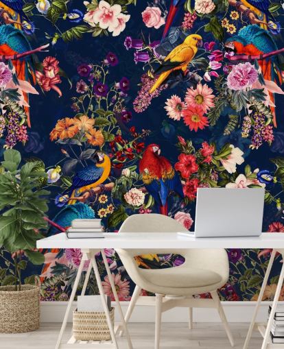 tropiske blomster og fugle tapet