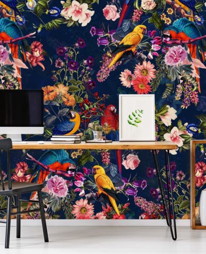tropische bloemen en vogels behang