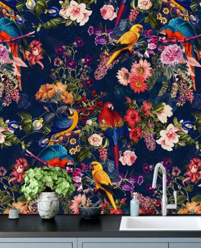 papier peint fleurs et oiseaux tropicaux