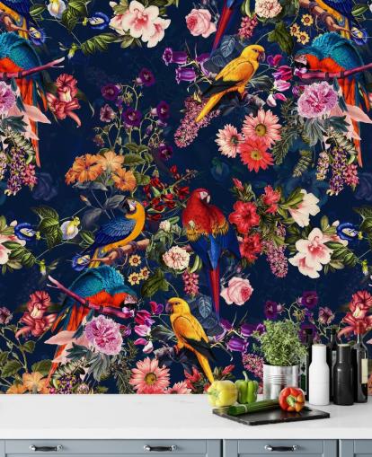 tropiske blomster og fugle tapet