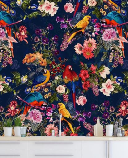tropische bloemen en vogels behang