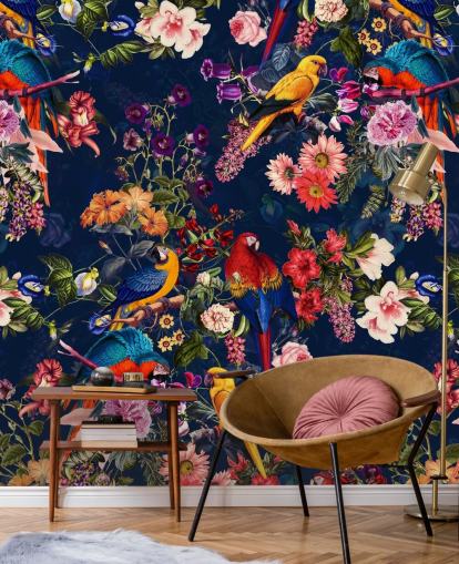 tropiske blomster og fugler tapet