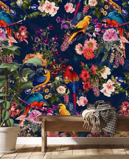 papel de parede de flores e pássaros tropicais
