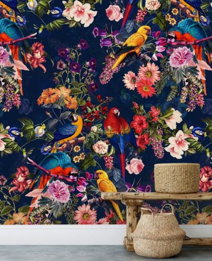 papel pintado de flores y pájaros tropicales