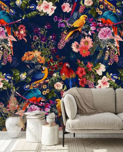 tropische bloemen en vogels behang