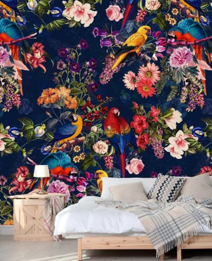 tropical flowers and birds wallpaper