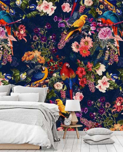 papier peint fleurs et oiseaux tropicaux