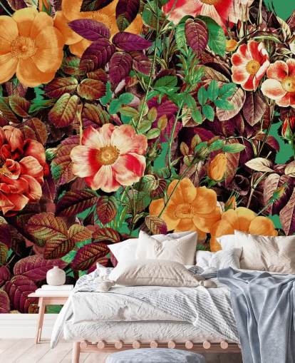 papel de parede floral em tons quentes