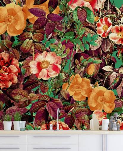 papel de parede floral em tons quentes