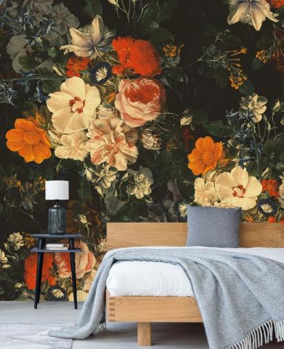 papel de parede de flores laranja e verde escuro