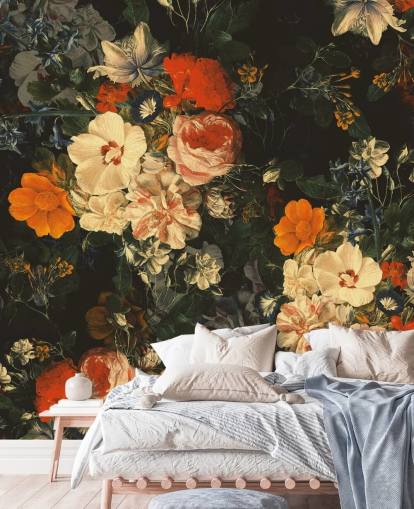 papel de parede de flores laranja e verde escuro