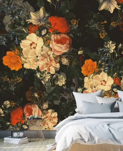 oranje en donkergroene bloemen behang