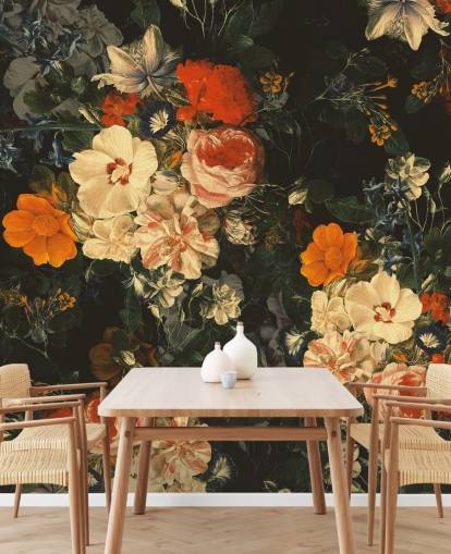 papel pintado de flores naranja y verde oscuro