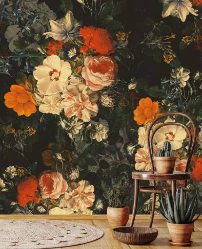 orange and dark green flowers wallpaper