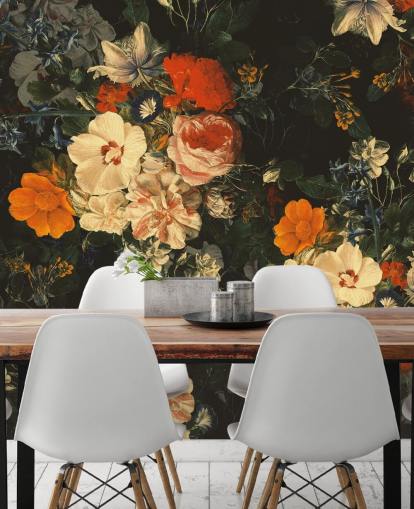 orange and dark green flowers wallpaper