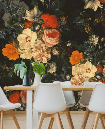 orange and dark green flowers wallpaper