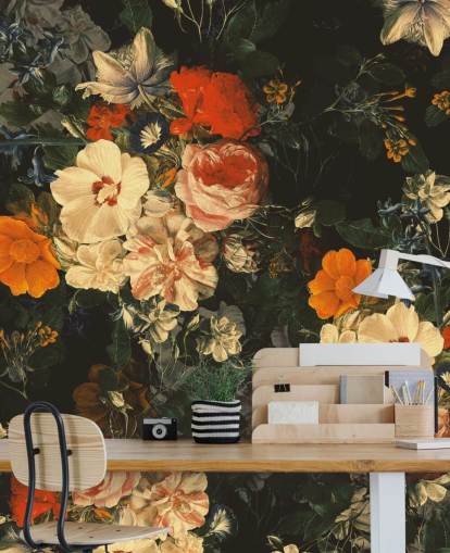 papel de parede de flores laranja e verde escuro