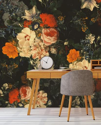 papel de parede de flores laranja e verde escuro