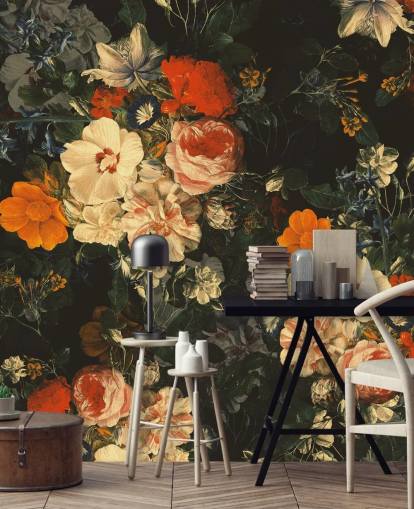 orange and dark green flowers wallpaper