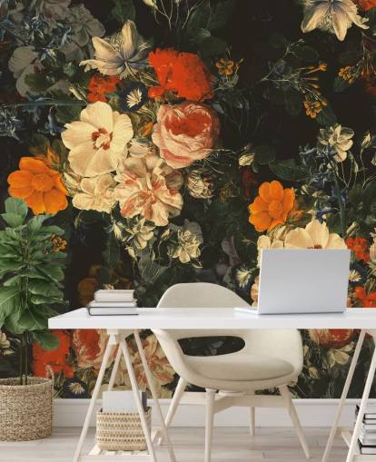 orange and dark green flowers wallpaper