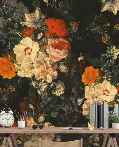 papel pintado de flores naranja y verde oscuro