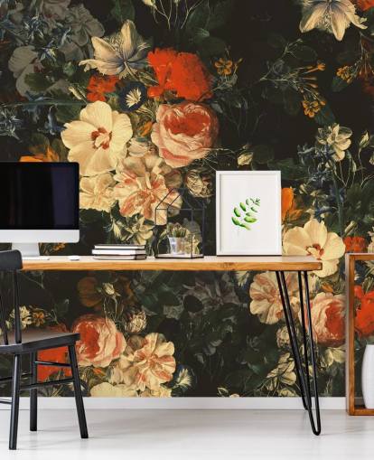 papel de parede de flores laranja e verde escuro