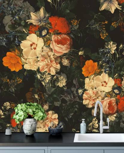 papier peint fleurs orange et vert foncé