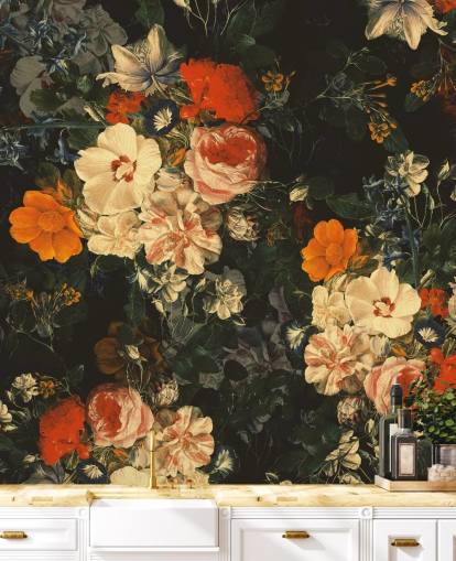 papel pintado de flores naranja y verde oscuro