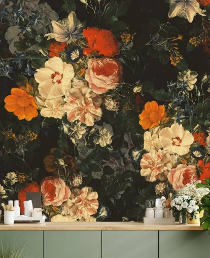 oranje en donkergroene bloemen behang