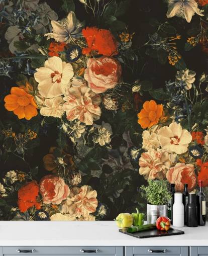 oranje en donkergroene bloemen behang