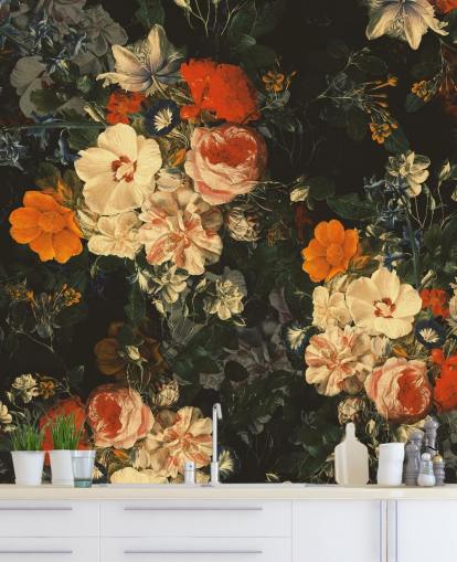 papier peint fleurs orange et vert foncé