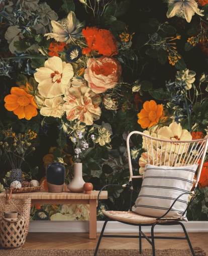 orange og mørkegrønne blomster tapet