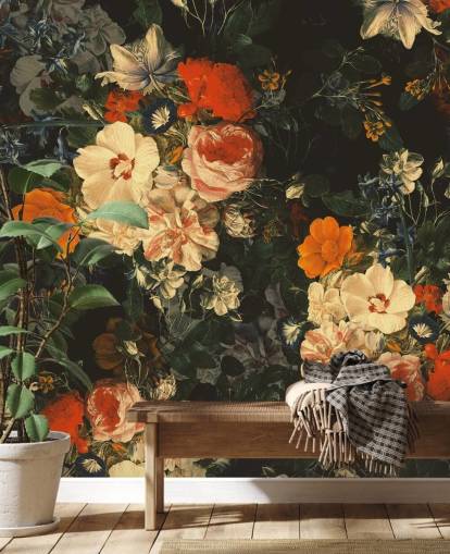 papel pintado de flores naranja y verde oscuro
