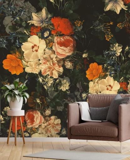 orange and dark green flowers wallpaper