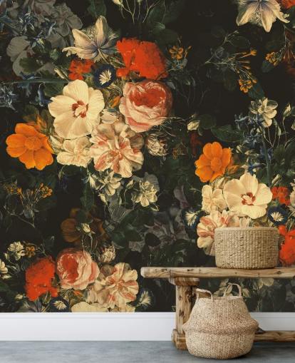 papier peint fleurs orange et vert foncé papier peint fleurs orange et vert foncé