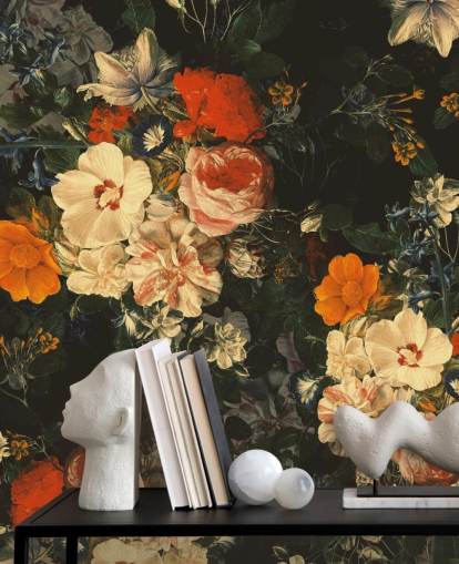 orange and dark green flowers wallpaper