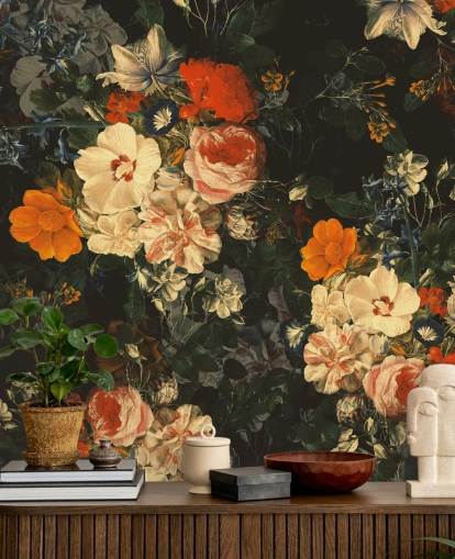 carta da parati fiori arancione e verde scuro