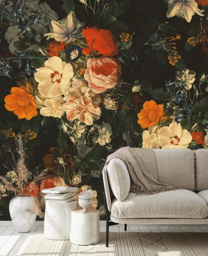 papier peint fleurs orange et vert foncé