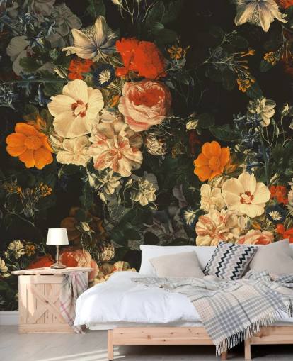 papier peint fleurs orange et vert foncé