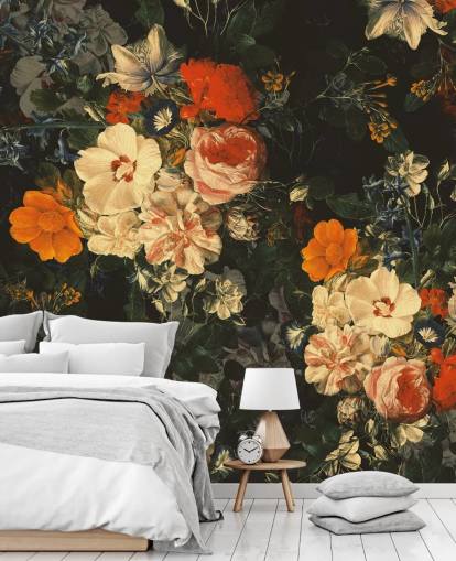 orange and dark green flowers wallpaper