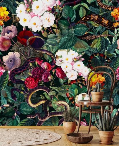 papier peint serpent et fleurs