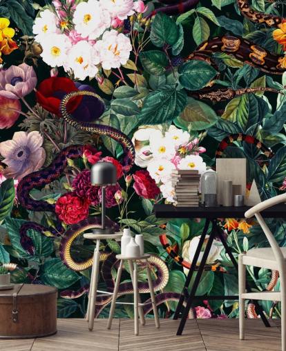 papel de parede de cobra e flores
