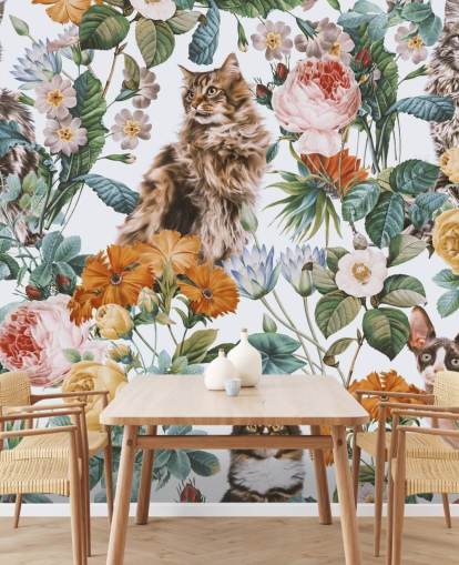 katten en bloemen behang