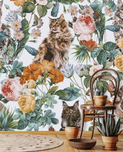 katten en bloemen behang